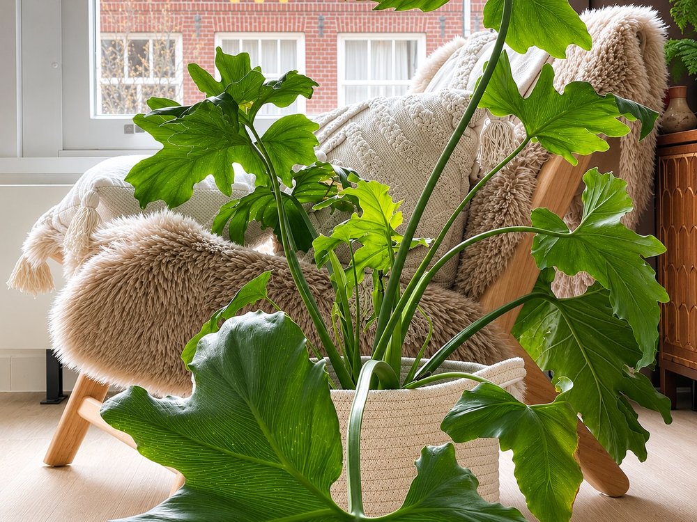 Philodendron plant detail with armchair, living room Oud-West - Ruimte interior design