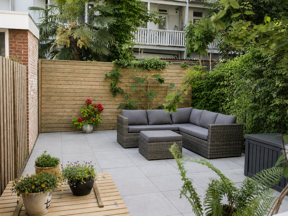 Enclosed rear garden with grey rattan corner sofa, large format stone tiles and mature planting, ground floor apartment Oud-West Amsterdam - Ruimte interior design