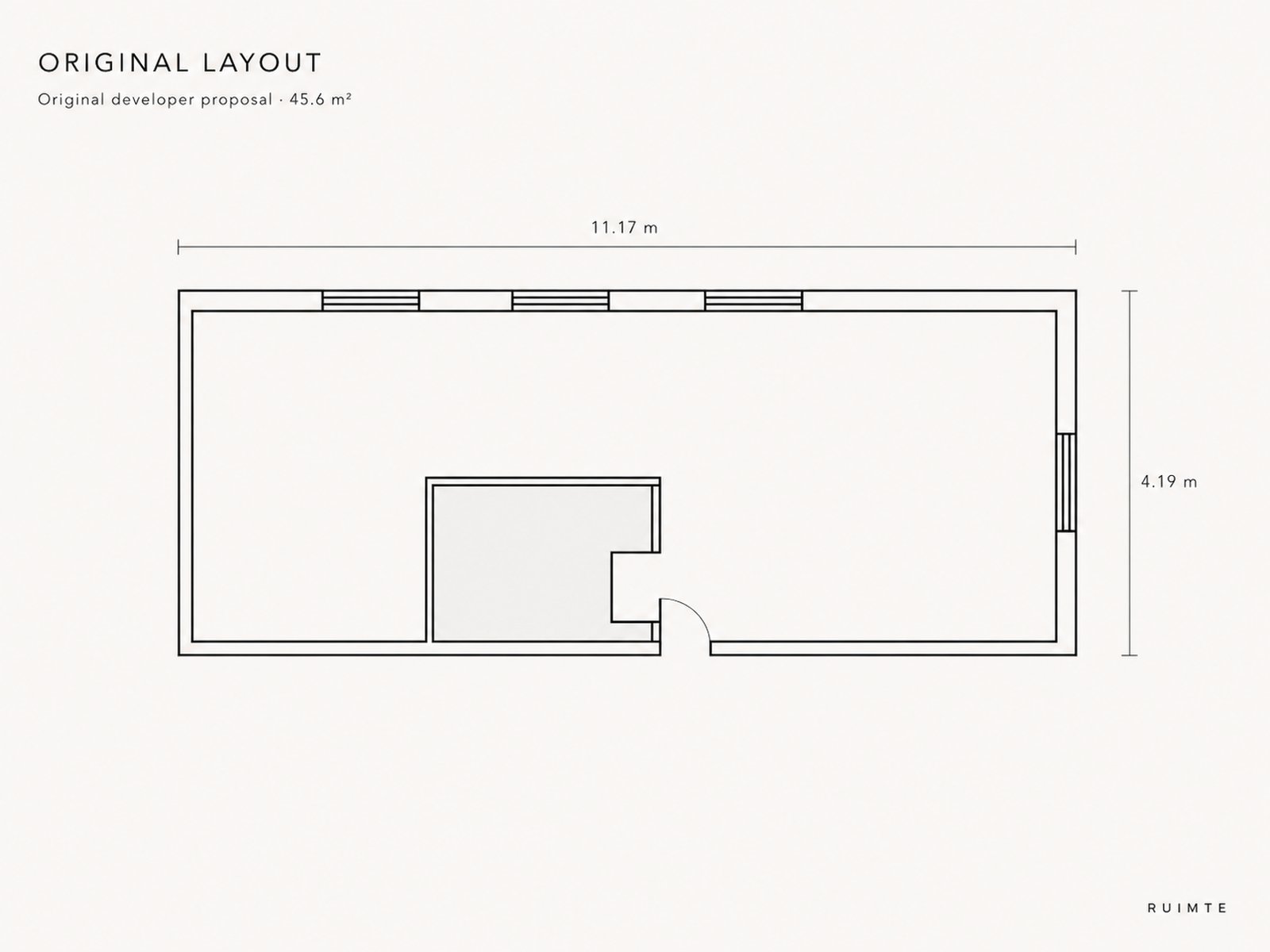 Original developer floor plan, 45.6m² single room layout, Riga Kīpsala - Ruimte