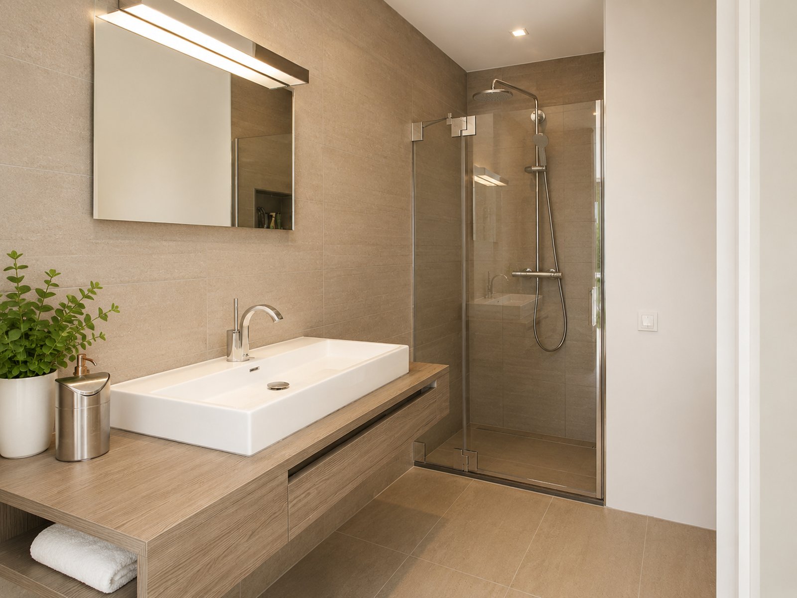 Bathroom with floating oak vanity, rectangular vessel sink, warm stone wall tiles and glass shower enclosure, Oud-West Amsterdam - Ruimte interior design