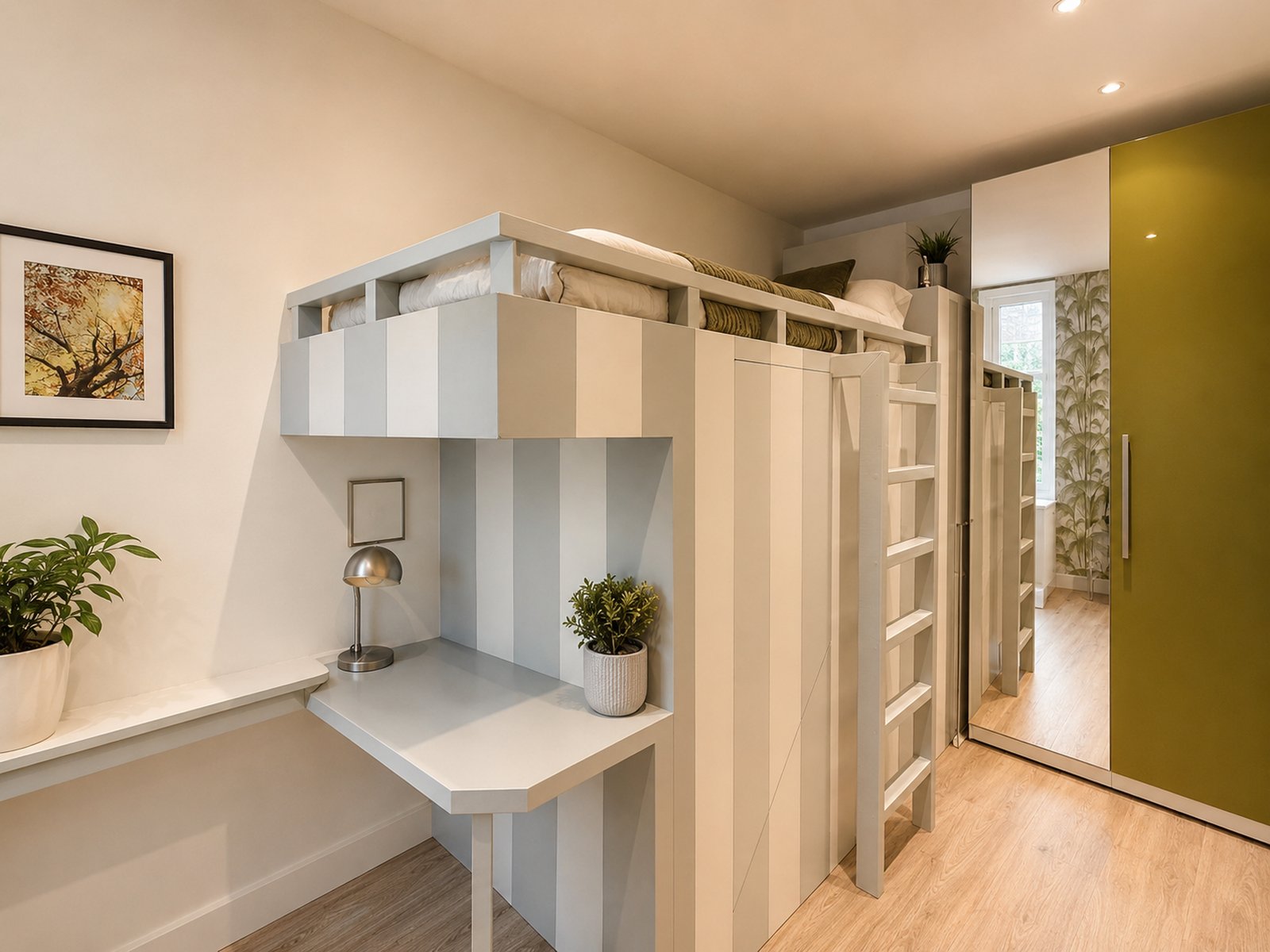 Children's bedroom with custom built-in loft bed over integrated desk and wardrobe storage, Oud-West Amsterdam - Ruimte interior design