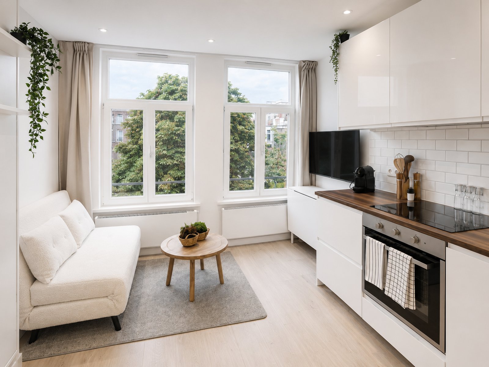 Open plan kitchen and living room in renovated studio apartment Oud-Zuid Amsterdam, with white sofa, round oak coffee table, walnut worktop and large windows overlooking street trees - Ruimte interior design