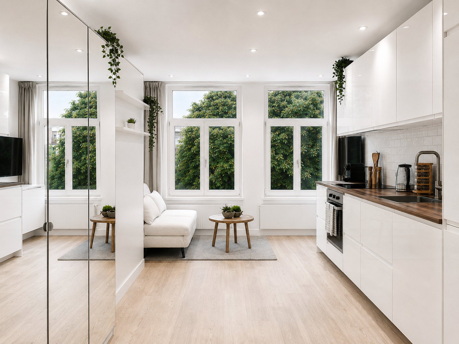 Wide view of renovated studio apartment Oud-Zuid Amsterdam, showing full-height mirror wardrobe doubling the space, open plan kitchen and living room with large street-facing windows and trailing plants - Ruimte interior design