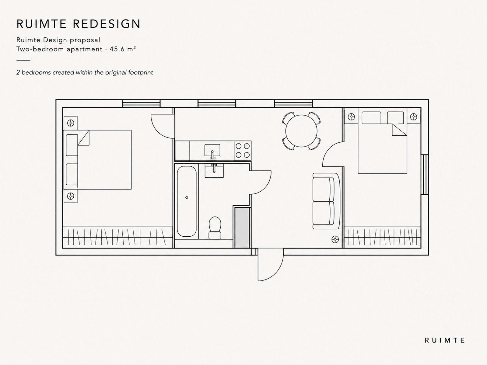 Ruimte redesign floor plan, two-bedroom apartment created within the original 45.6m² footprint - Ruimte