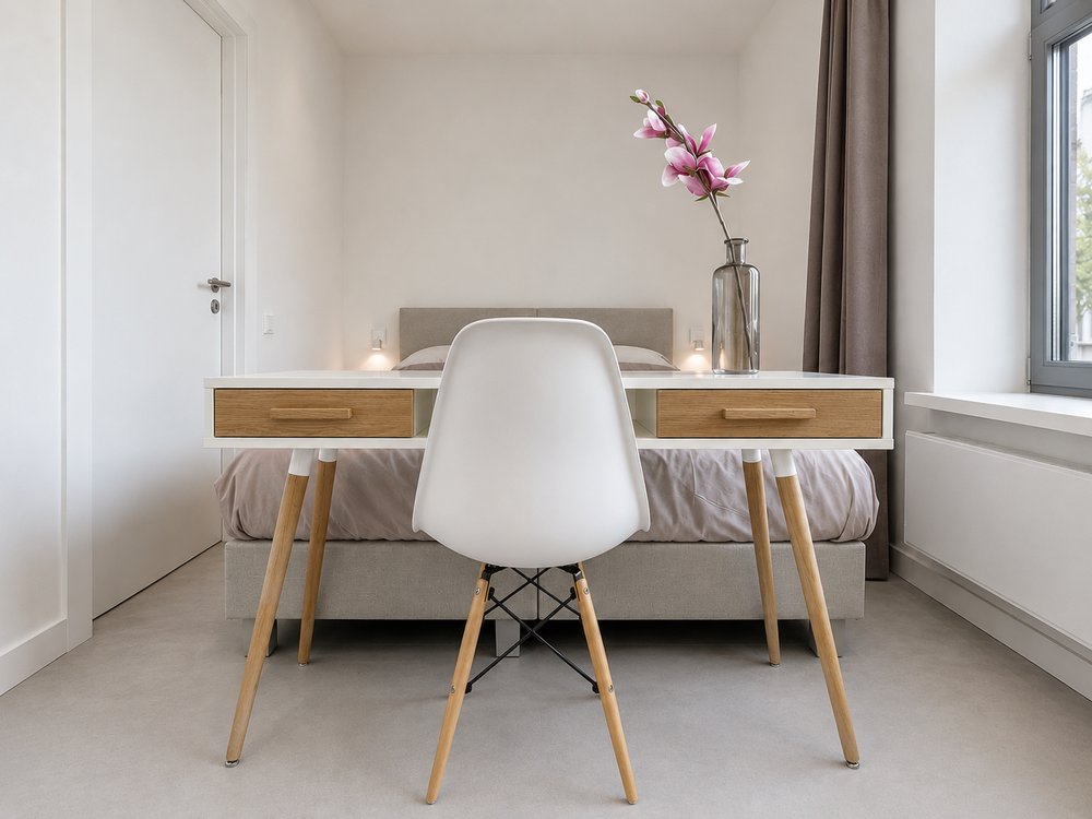 Second bedroom with oak and white desk, Eames chair and single bed, Riga Kīpsala - Ruimte interior design