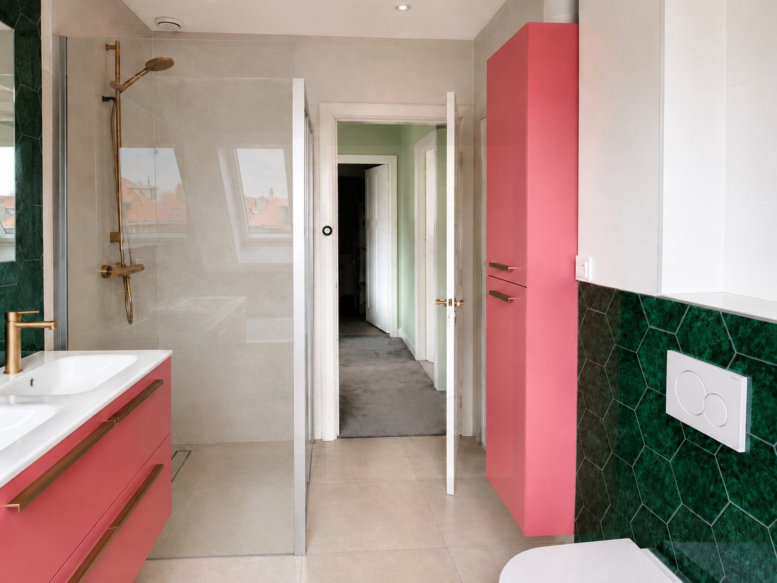 Renovated Bussum bathroom showing walk-in shower with brass fittings, coral storage cabinet, green hex tiles and door to hallway